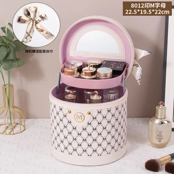M Letter Monogram Rotating Makeup Organizer Case Pink & Beige - 1