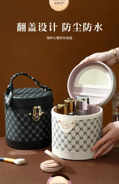 M Letter Print Cosmetic Case Black Pink Bucket Bag - 9