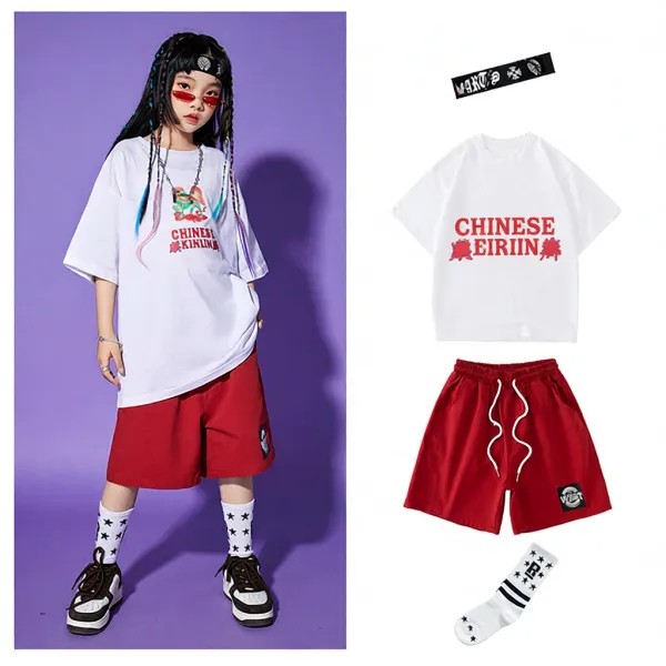 Chinese Eiriin x Unknown Brand Graphic Print Oversized T-Shirt, Red Drawstring Shorts, Star Socks and Headband Set - 1