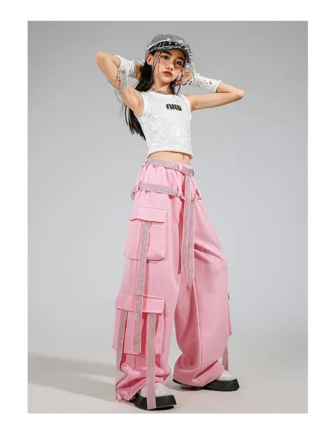 Miu Miu Sequined Crop Top + Cargo Pants Set in Pink and Silver - 13