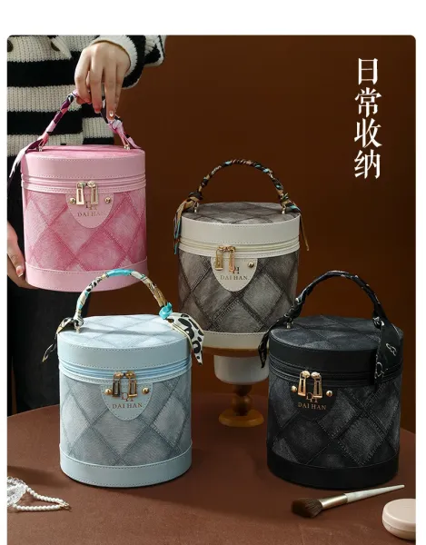 M Letter Print Cosmetic Case Black Pink Bucket Bag - 20