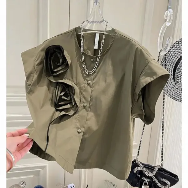 Olive Green Asymmetrical Rose-Embroidered Shirt Top - 1