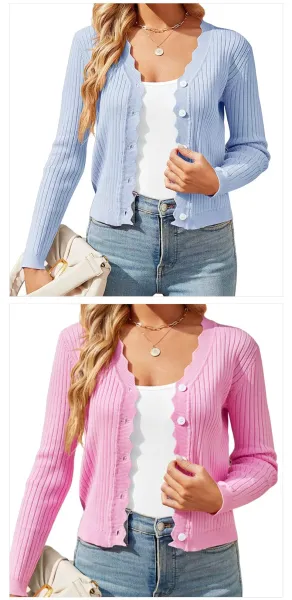 Ribbed Scalloped Hem Cardigan Beige Knit Cardigan - 14