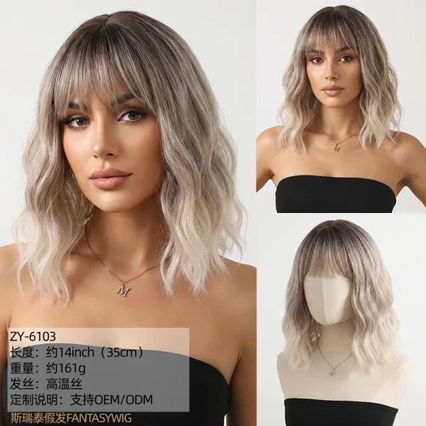 Fantasywig ZY-104032 Pink Ombre Wavy Bob Wig with Bangs - 5