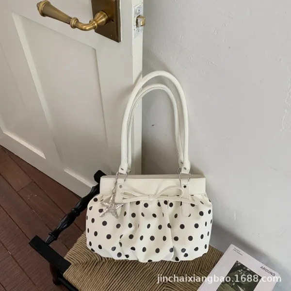 Polka Dot Pleated Bow Handbag White with Black Dots - 1