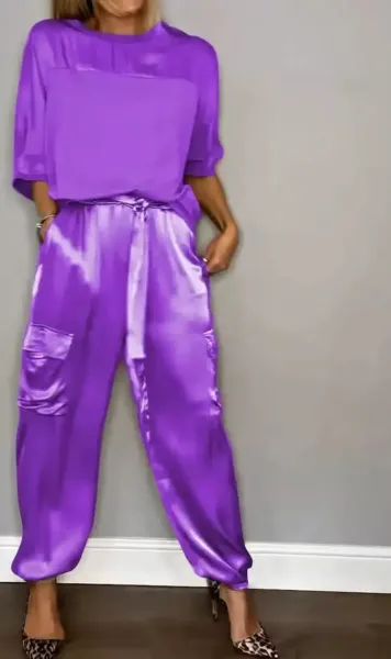 Purple Satin Loungewear Set with Cargo Pockets and Drawstring Waist Pants - 1