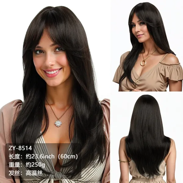 ZY-8514 High-Temperature Fiber Long Straight Wig Black - 1