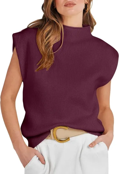 Ribbed Sleeveless Turtleneck Top in Pink Sweater - 12