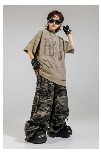 FUBG Distressed Graphic Tee + Camo Cargo Pants Set with Spiked Choker and Bandana Keychain - 11