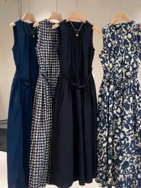 Design Sleeveless A-Line Midi Dress with Belted Waist and Necktie Detail - 1
