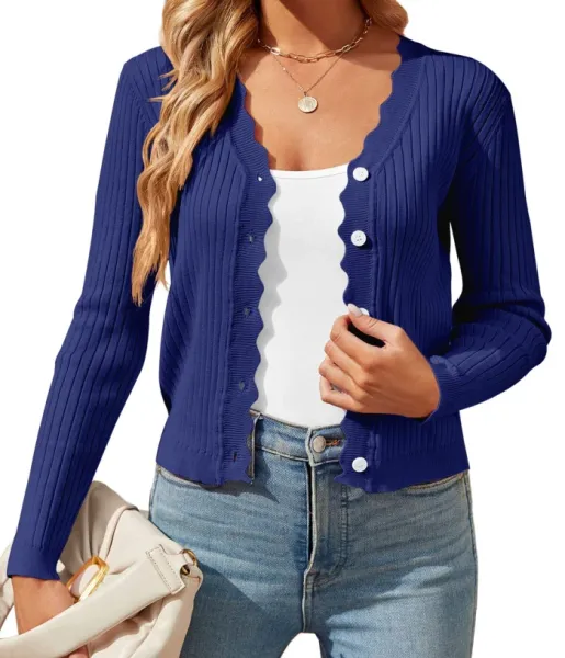 Ribbed Scallop-Hem Cardigan in Navy Blue - 1