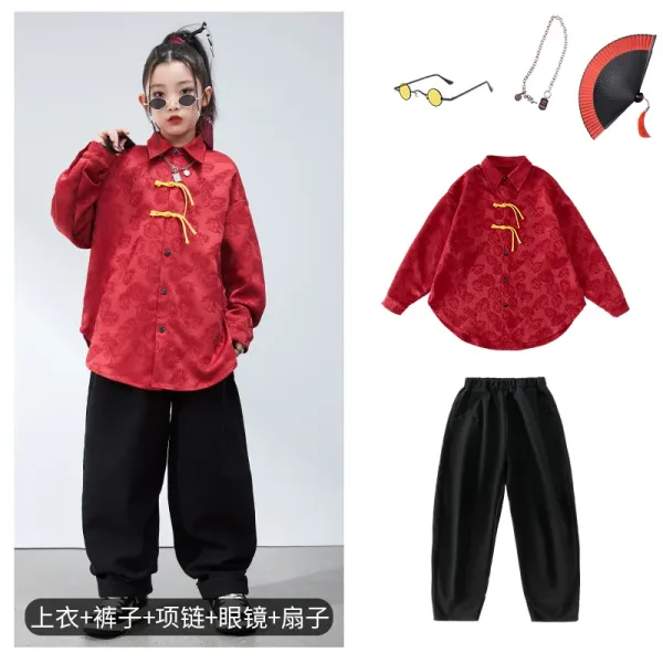 Red Brocade Mandarin Collar Shirt with Yellow Frog Buttons + Black Wide-Leg Pants Set - 1