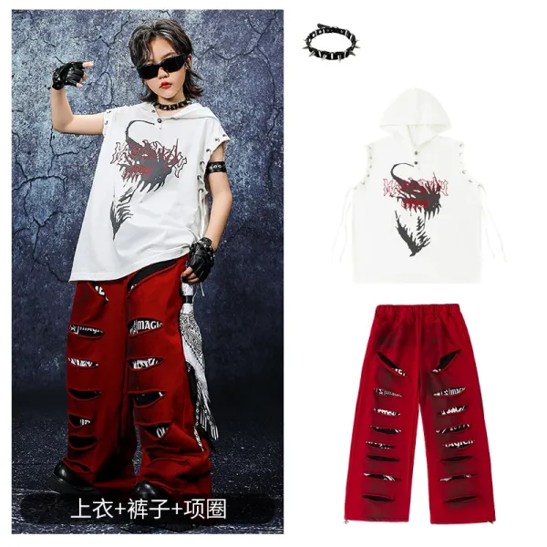 Design Streetwear Set: Dragon Graphic Sleeveless Hoodie + Distressed Red Pants + Spiked Choker - 1