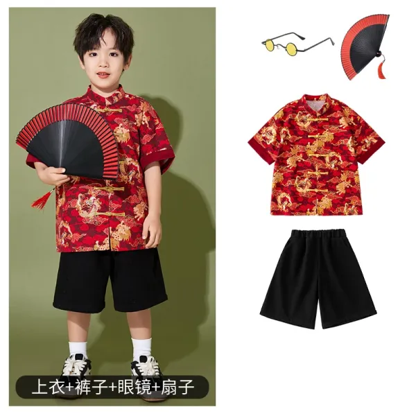Traditional Chinese Dragon Print Tang Suit Set Red + Black Shorts + Sunglasses + Fan - 1