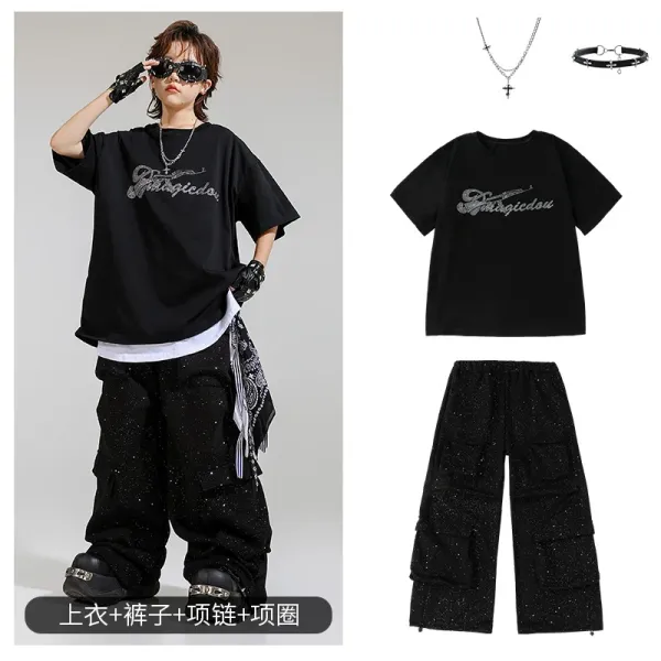 Design Magicdou Glitter Logo Oversized T-Shirt + Cargo Pants Set Black - 1