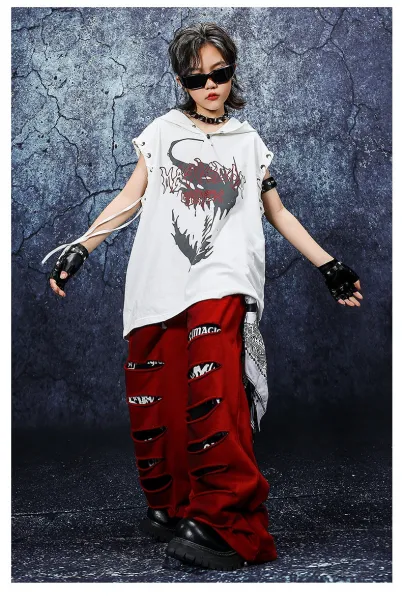 Design Streetwear Set: Dragon Print Hooded Vest + Distressed Red Wide-Leg Pants + Black-White Tassel Pendant - 8