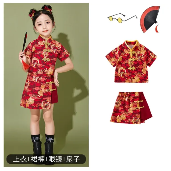 Traditional Chinese Qipao-Style Set Red Gold Dragon Print Dress with Accessories - 1