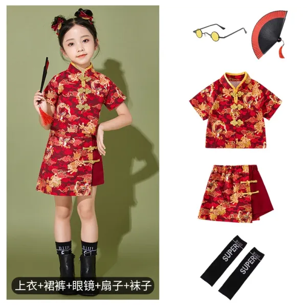Traditional Chinese Qipao-Style Dress Set Red Dragon Print Kids Costume with Fan and Sunglasses - 1