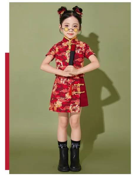 Traditional Chinese Dragon Print Hanfu-Style Set Red + Black Shorts + Folding Fan - 13