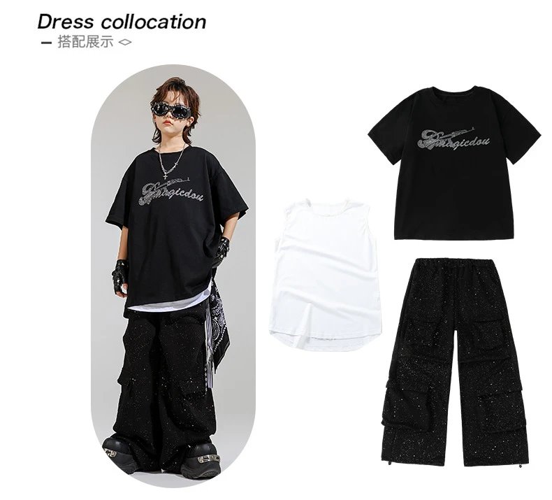 Design Streetwear Set: Glitter Graphic T-Shirt + Cargo Pants + Fingerless Gloves + Bandana Keychain Black/White - 4