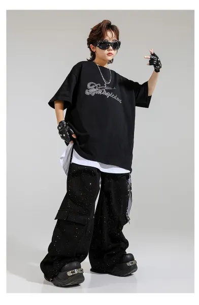 Design Streetwear Set: Glitter Graphic T-Shirt + Cargo Pants + Fingerless Gloves + Bandana Keychain Black/White - 11