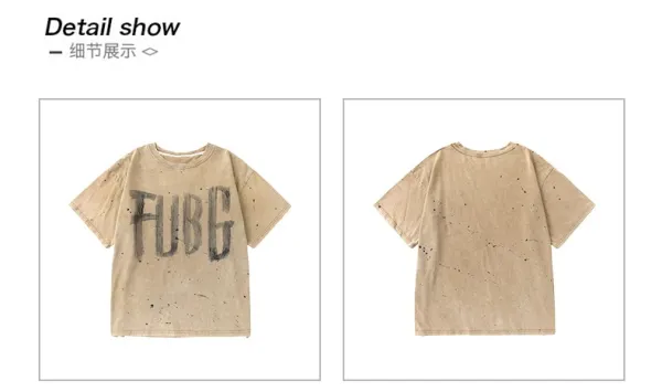 PUBG x Streetwear Oversized Graphic Tee Beige + Distressed Denim Shorts Black + Camo Cap + Star Socks Set - 17