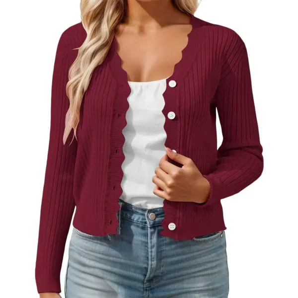 Ribbed Scallop-Hem Cardigan in Burgundy - 1