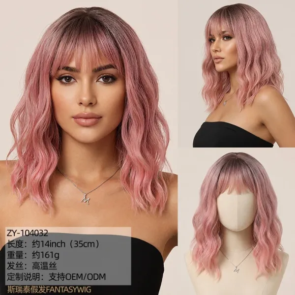 Fantasywig ZY-104032 Pink Ombre Wavy Bob Wig with Bangs - 1