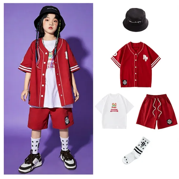 Design Streetwear Set: Red Baseball Jacket, White Graphic Tee, Red Shorts, Star Socks & Black Bucket Hat - 1