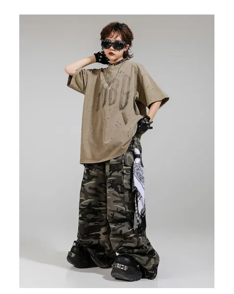 FUBG Distressed Graphic Tee + Camo Cargo Pants Set with Spiked Choker and Bandana Keychain - 14