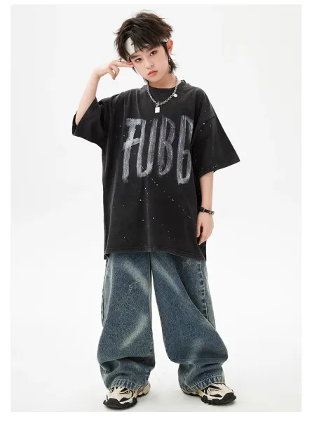 FUBG Graphic Print Oversized T-Shirt and Distressed Wide-Leg Jeans Set - 12