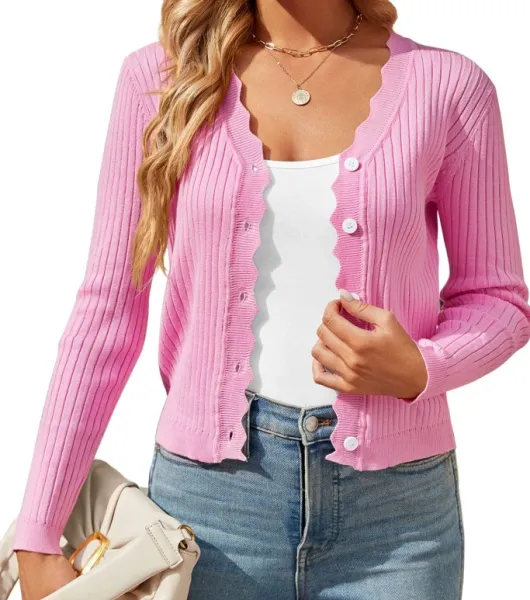 Ribbed Scallop-Hem Cardigan Pink Outerwear - 1