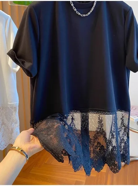 Lace-Trimmed Oversized T-Shirt White - 13