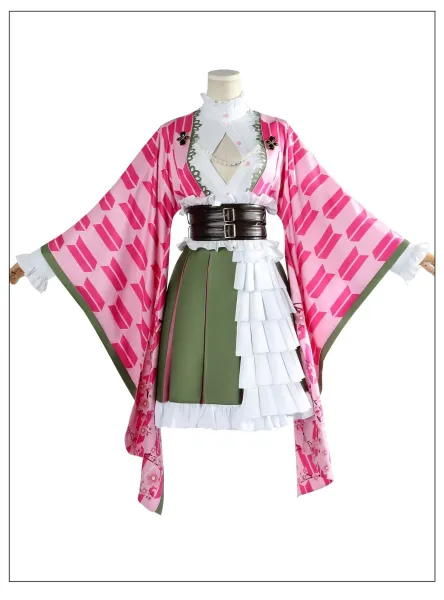 Cosplay Full Set + Wig: Pink & Green Gradient Hair, White Ruffled Shirt, Olive Skirt, Geometric Coat - 5