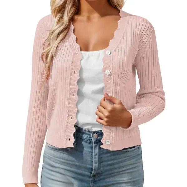 Ribbed Scalloped Hem Cardigan in Blush Pink - 1