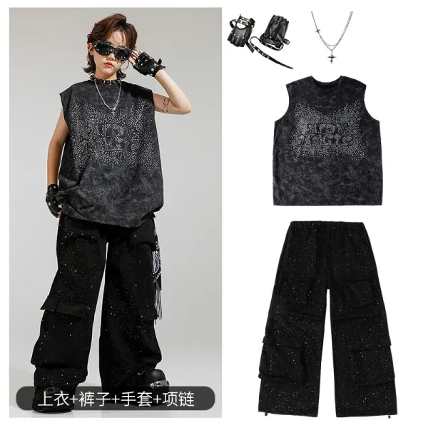 Design Streetwear Set: Rhinestone Graphic Vest Top + Cargo Pants + Fingerless Gloves + Cross Necklace - 1