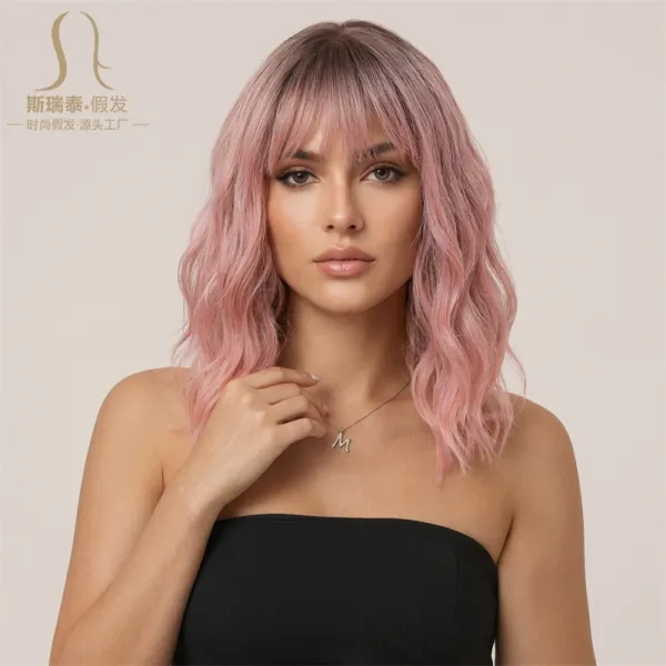 Fantasywig ZY-104032 Pink Ombre Wavy Bob Wig with Bangs - 10