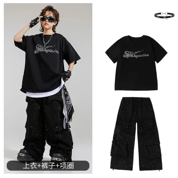 Design Glitter Graphic Tee + Cargo Pants + Choker Set Black - 1