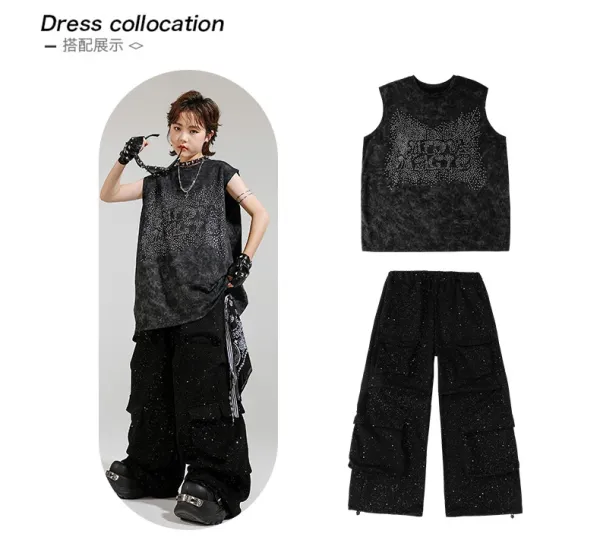 Design Streetwear Set: Acid Wash Sparkle Vest Top + Cargo Pants + Fingerless Gloves Black - 4