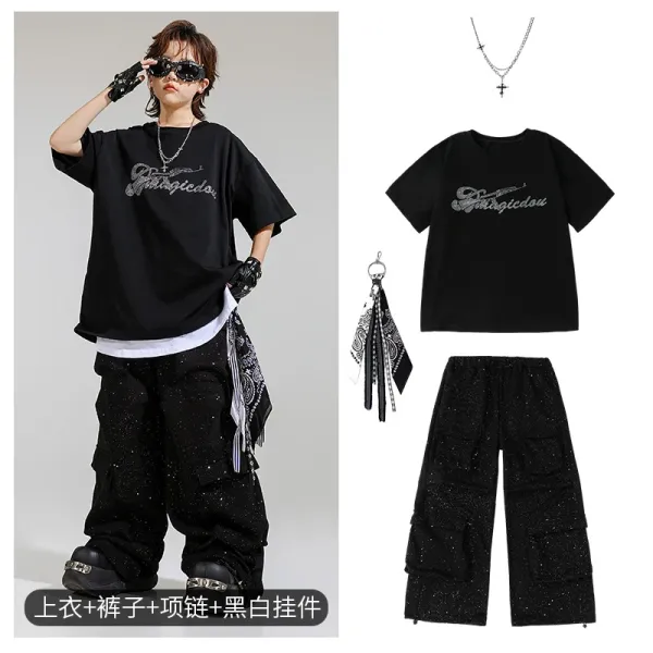 Magicedou Graphic Print Oversized T-Shirt and Cargo Pants Set Black Streetwear - 1