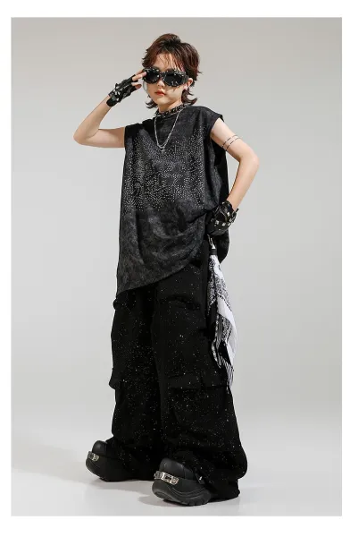 Design Streetwear Set: Acid Wash Sparkle Vest Top + Cargo Pants + Fingerless Gloves Black - 11