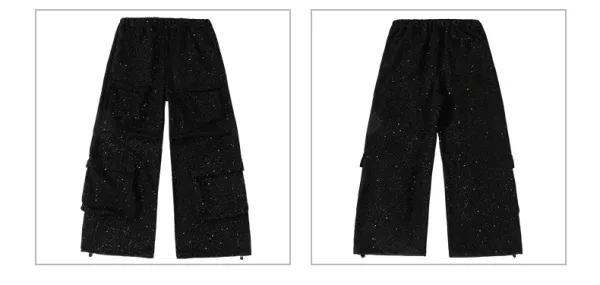 Design Streetwear Set: Acid Wash Sparkle Vest Top + Cargo Pants + Fingerless Gloves Black - 17