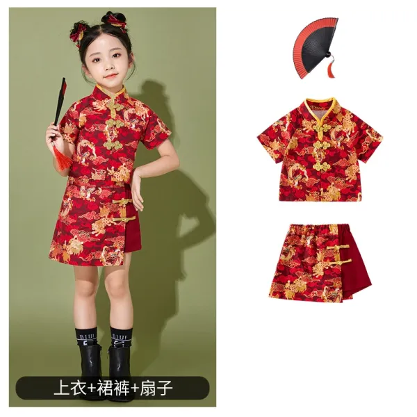 Traditional Chinese Dragon Print Cheongsam Set Red Multicolor Dress - 1