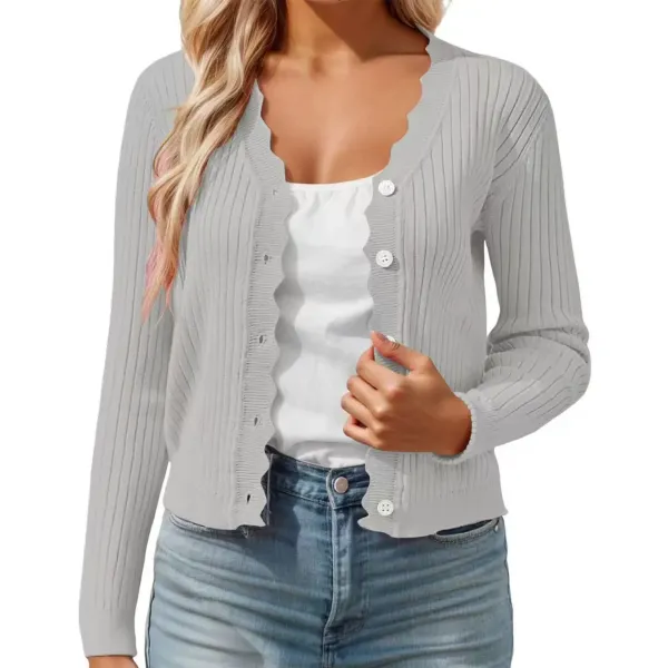 Ribbed Scalloped Hem Cardigan in Light Gray - 1