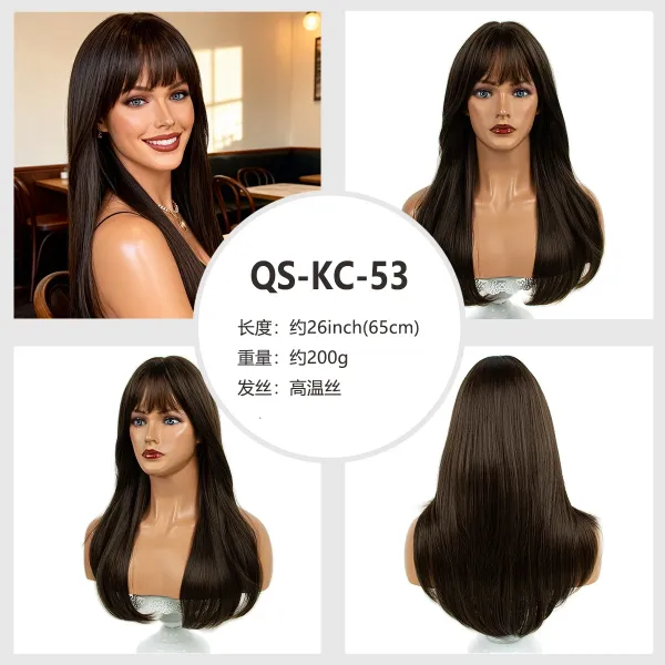 QS-KC-53 Brown Long Straight Wig with Bangs - 1