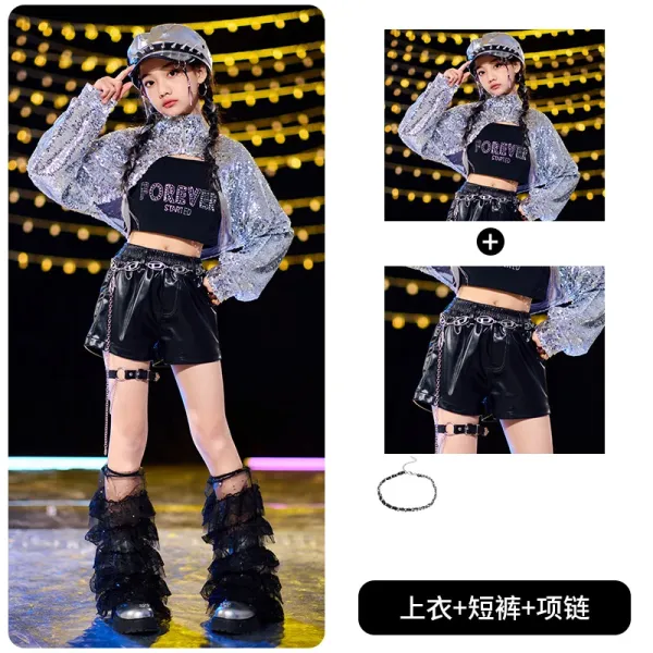Forever Young Sequined Cropped Top + Faux Leather Shorts + Chain Necklace Set - 1