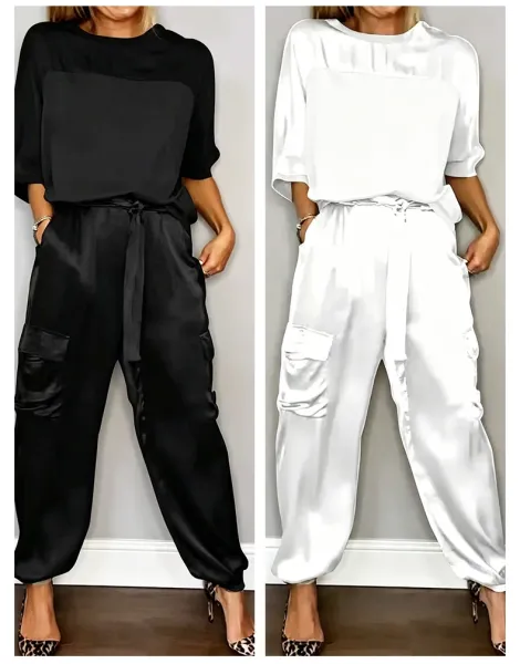 Silk Satin Cargo Joggers Gray Pants - 12