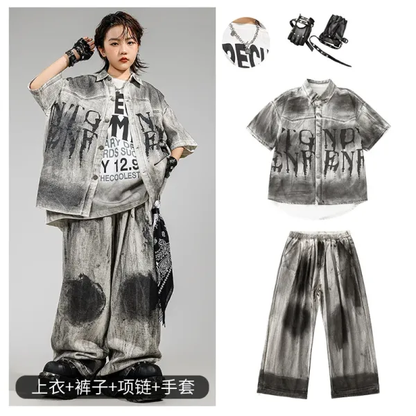Streetwear Oversized Distressed Print Shirt and Tie-Dye Pants Set with Chain Necklace and Fingerless Gloves - 1
