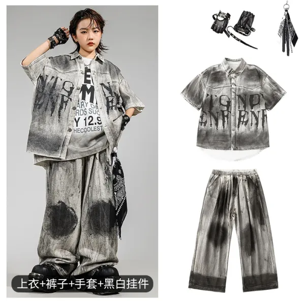 Design Distressed Graffiti Print Shirt and Pants Set with Accessories Gray Multicolor Streetwear Set - 1