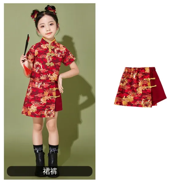 Traditional Chinese Qipao-Style Dress with Dragon Motif Red Kids Dress - 1